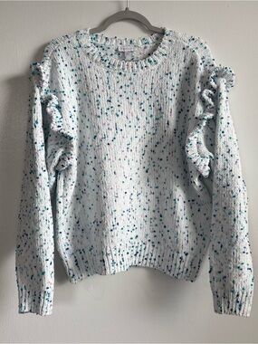 Crown & Ivy White Speckled Ruffle Knit Crew Neck Pullover Sweater Women’s L